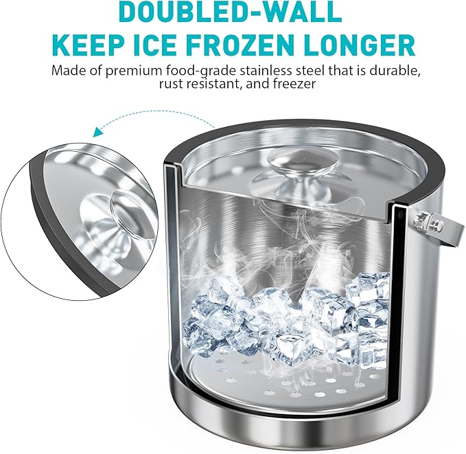 3.2L Double Wall Stainless Steel Ice Bucket with Lid,Scoop, Updated Insulated Ice Bucket for Cocktail Bar and Parties