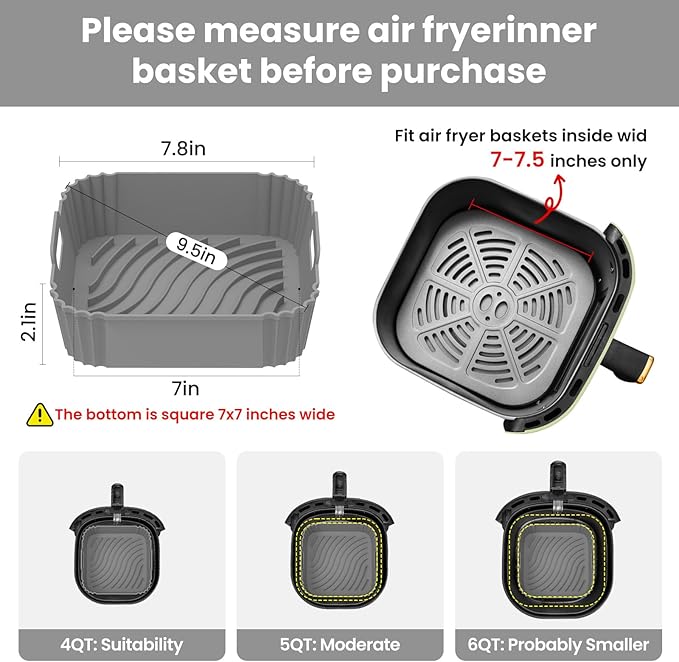 Redfly 2 Pack Silicone Air Fryer Liners, Square Reusable Non-Stick Basket Inserts for 4-5 QT Air Fryers, Dishwasher Safe Parchment Paper Replacement Accessories Gray & Black
