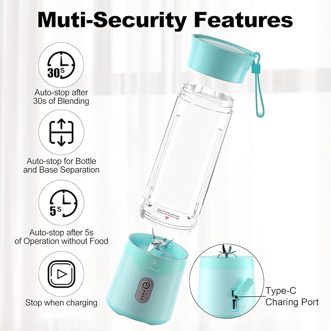 COKUNST Portable Blender, USB Rechargeable Personal Size Blenders, Smoothie Blender with 6 Blades for Protein & Shakes, Mini juicer with Extra Handle Lid for Travel Sports Outgoing, 18oz, Green