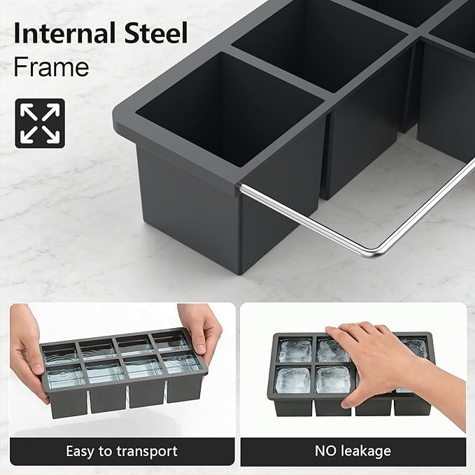 Bangp Silicone Ice Cube Trays with Metal Reinforced Frame(3 Pack),Large Ice Cube Tray with Lid,Easy Release Whiskey Ice Cubes Mold,Ice Trays for Freezer,Stackable Ice Cube Tray(Grey)