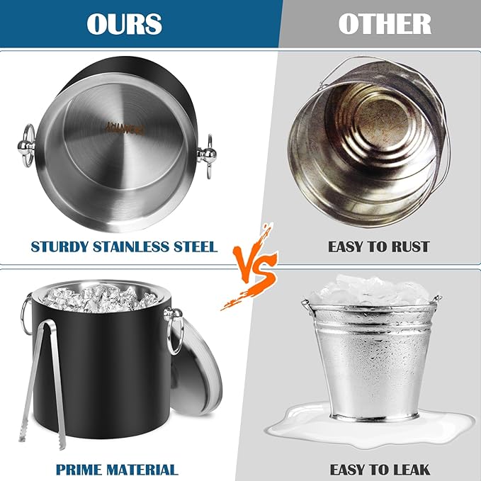 Ice Bucket with Lid & Tong- Well Made Insulated Stainless Steel Keep Ice Frozen Longer - Ideal for Cocktail Bar, Parties, Chilling Wine, Champagne - 3 Liter (Black)