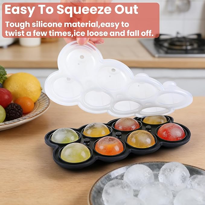 Ice Ball Maker Mold, 8 Hole Large Round Ice Cube Tray with Built-In Easy-Fill Funnel & Water Level Line, Silicone 1.7" Sphere Ice Mold for Whiskey, Cocktails, Bourbon