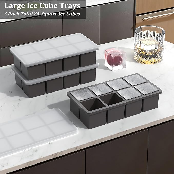 Bangp Silicone Ice Cube Trays with Metal Reinforced Frame(3 Pack),Large Ice Cube Tray with Lid,Easy Release Whiskey Ice Cubes Mold,Ice Trays for Freezer,Stackable Ice Cube Tray(Grey)
