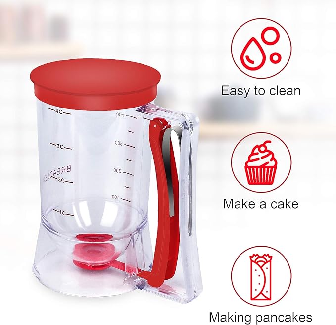 BBSTARZ Pancake Batter Dispenser – 4-Cup Batter Dispenser with Squeeze Handle & Measuring Marks for Pancakes, Waffles, Muffins, Crepes & Cupcakes – Baking Tool(Red)