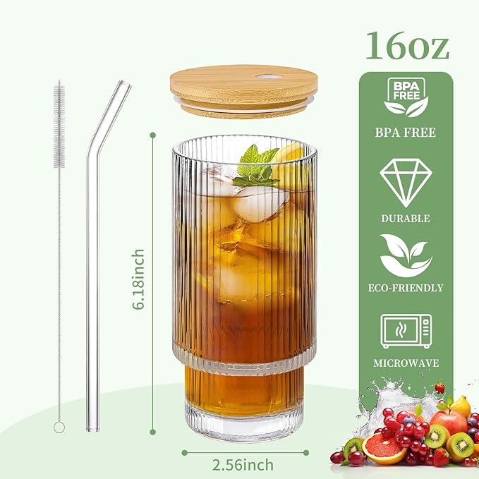6 Pack Glass Cups with Lids and Straws, 16oz Ribbed Drinking Glasses Tumblers Durable Drinkware Water Glasses Cup Ideal Gift for Home, Kitchen, Office