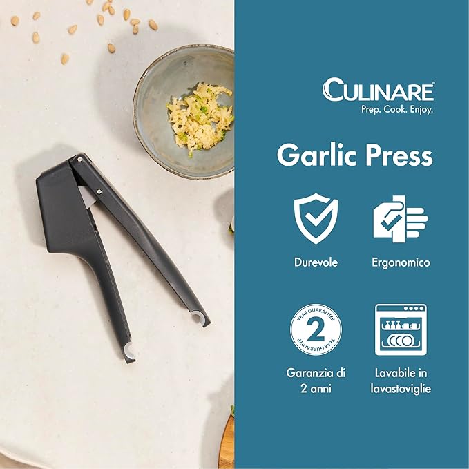 Culinare Garlic Press – Ergonomic Garlic Crusher with Large Chamber for Multiple Cloves – Easy to Use Ginger Mincer – Powerful Stainless Steel Crushing Action – Dishwasher Safe, 2-Year Guarantee