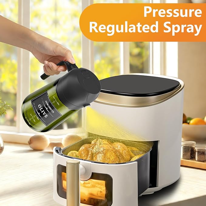 OURCABECUE Upgraded Made Oil Sprayer for Cooking 2 Set, 2 in 1 Spray and Pour Olive Oil Dispenser 16oz 470ml Dark Green Oil Spray Bottle, Mist Olive Oil Dispensing with Scale & 8 Labels