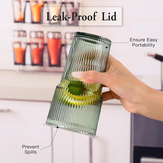 4PCS Green Ribbed Glass Cups with Lids and Straws, 20oz Vintage Drinking Glasses, Aesthetic Iced Coffee Cups, Glass Tumbler for Boba, Beer, Tea, Cocktails, Green Ribbed Glassware Set