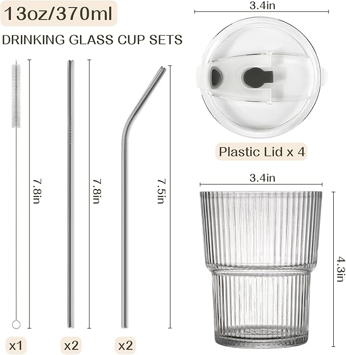 13oz Iced Coffee Cups,4Pcs Glass Cups with Lids and Straws Drinking Glasses,Clear Ribbed Glassware,Reusable Tumbler Glass to Go Cup for Matcha, Iced Tea,Juice