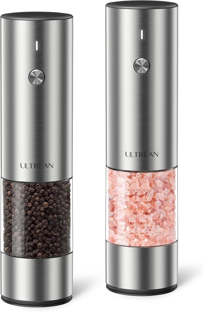 Ultrean Salt and Pepper Grinder Set, Rechargeable Salt and Pepper Shakers, 6 Adjustable Coarseness, LED Light, Kitchen Gadget Cooking Gifts Valentines Day Gifts for Him Her Mom Dad, Stainless Steel