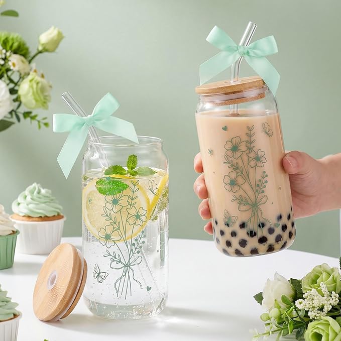 NatNarr 2 Pcs Glass Cups with Lids and Straws, Gifts for Women Sage Green Spring Floral Cute Glasses Cups, Aesthetic Glass Cup for Mothers Day Gifts Girls New Mom Birthday Baby Shower Party Gift