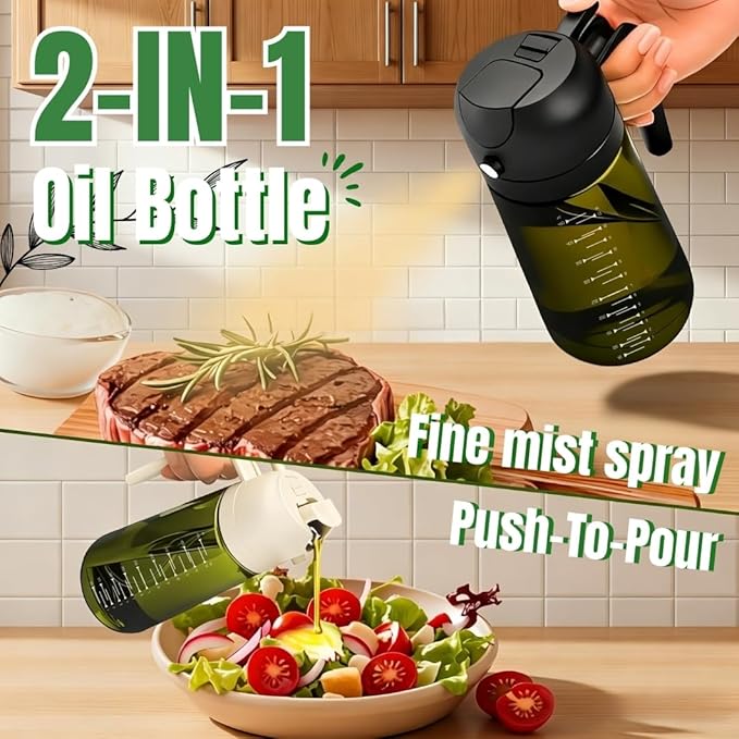 2 in 1 Olive Oil Dispenser and Sprayer,Kitchen oil dispenser bottle with measurement markings,16oz Light Blockage Dark Oil Sprayer,2pcs grilling spray bottle,oil sprayer fine mist for Salad