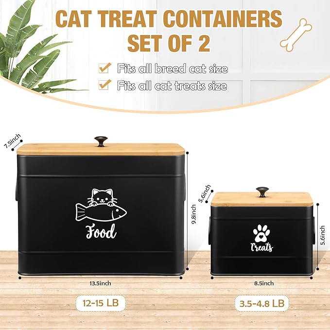 Reallnaive Extra Large Metal Cat Food Containers Airtight 12+3.5 lbs Cat Treat Snack Jars Set of 2 with Bamboo Lids and Spoons Farmhouse Big Pet Cookie Storage Jars for Kitchen Counter Gifts(Black)