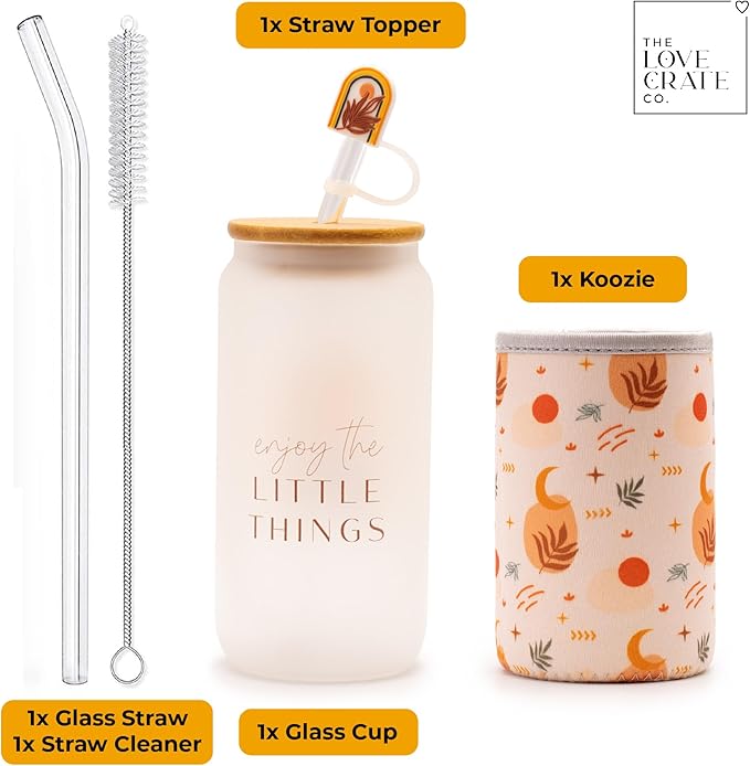 The Love Crate Co. Boho Gifts for Women - Cute Design Glass Cup with Lid and Straw, Customized Stopper and Insulated Cup Sleeve for Iced Coffee and Smoothies. Giftable Unique Tumbler Cups for Women