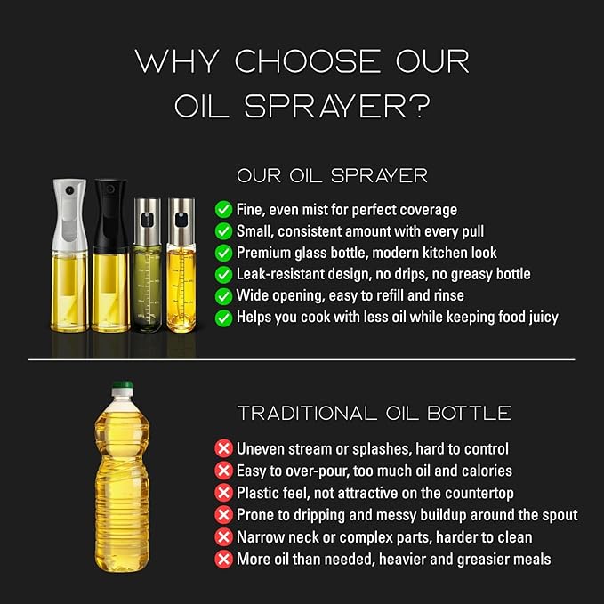 BOKKY Oil Sprayer for Cooking, 2 Pack 100ml Olive Oil Mister for Air Fryer, BBQ & Salad, Refillable 304 Stainless Steel Glass Bottles (Transparent / 2 Pack)