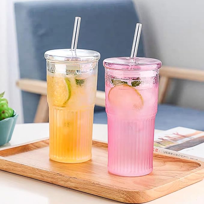 JunVpic Glass Coffee Cups with Lids and Straws, 20 OZ Pink Iced Water Glasses Tumblers for Ice Juice, Tea, Milk, Smoothie and Cold or Hot Drinks, Set of 2