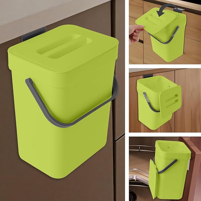 Compost Bin Kitchen, for use on Countertops or Under Sinks, Hanging Trash Can with Lid, for Cupboard/Bathroom/Bedroom/Office/Camping, Mountable Indoor Compost Bucket(Green 0.8 Gallon/3L)