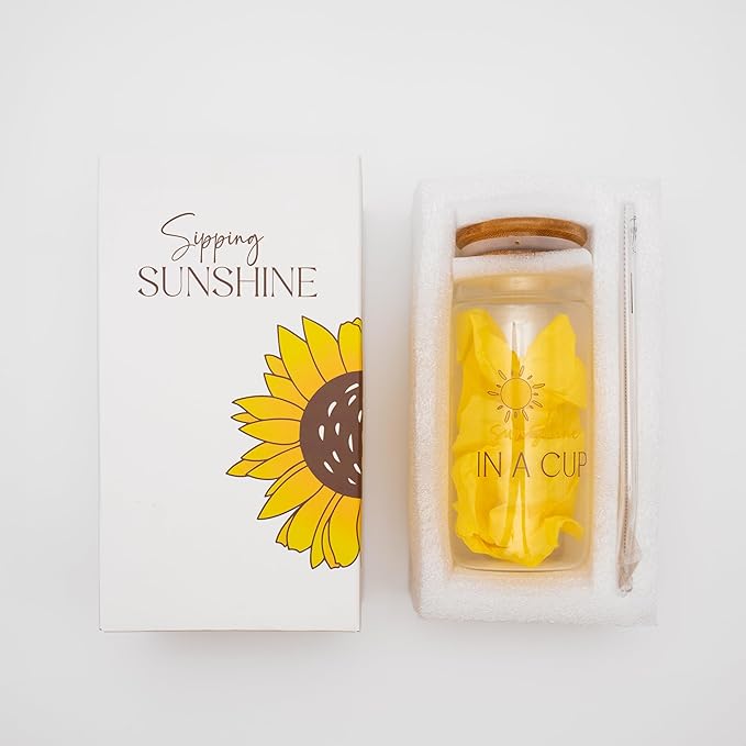 The Love Crate Co. Sunflower Gifts for Women - Glass Tumbler with Lid and Straw, Customized Straw Stopper and Cup Sleeve. Aesthetic Unique Design Iced Coffee Gift Cup for Mom, Teacher, Friend