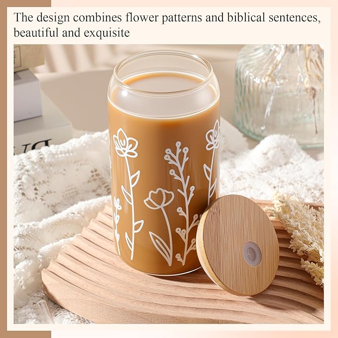 Mumufy 1 Pack Bridesmaid Gift Glass Cups, Cute Flower Mason Jars with Bamboo Lids & Straws, 16oz Iced Coffee Tumblers for Wedding, Bridal Party, Birthday, Mother's Day(Boho Flower)
