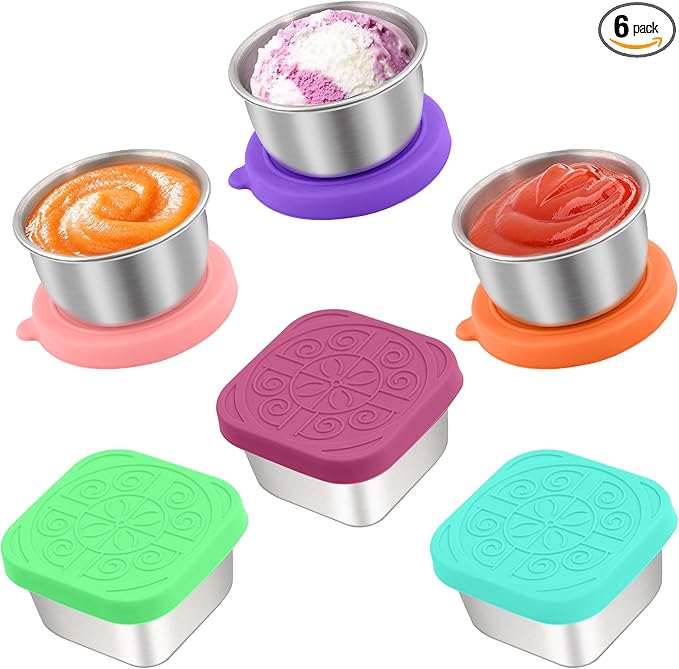 Qukaka 6 PCS Salad Dressing Container to Go,Handy Leakproof Stainless Steel Meal Prep Containers Reusable,Sauce Containers for Lunch Box, Picnics, Travel, Office and Kitchen Storage-1.6oz+2.7oz