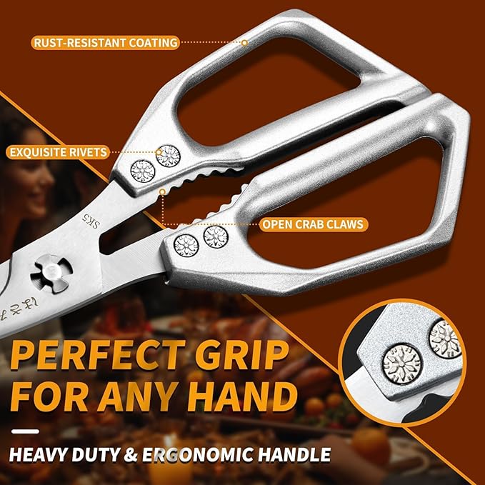 Huusk Kitchen Shears Set Silver - Professional Seafood & Kitchen Scissors Set, Sharp Japanese-Style Cooking Scissors for Crab, Shrimp, Lobster, Herbs and Food Prep, Christmas Gifts for Men Women