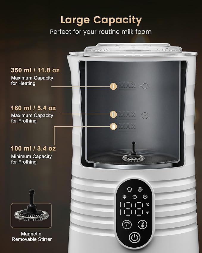 Milk Coffee Frother and Steamer,Temperature Display, 350lm, Burn-Free Base, Easy To Clean, 96% High Foam Rate,Ultra-Quiet Operation,Electric Cold Foam Maker Machine,Hot Chocolate Frother - Milky White