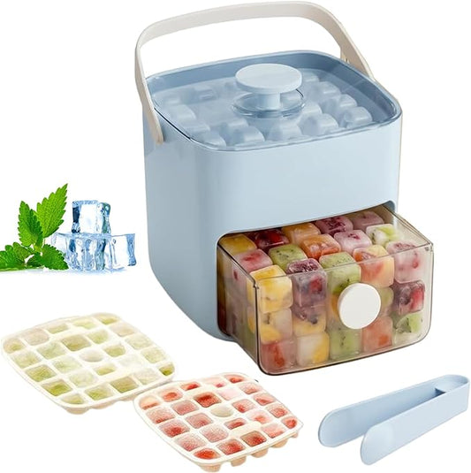 48 Cube Ice Maker With Easy Press Lid, Double Layer Portable Ice Maker with Lid and Storage Box for Freezer, Handled Press-Type Ice Cube Tray with Lid and Bin for Whiskey, Cocktail, Beer (Blue)