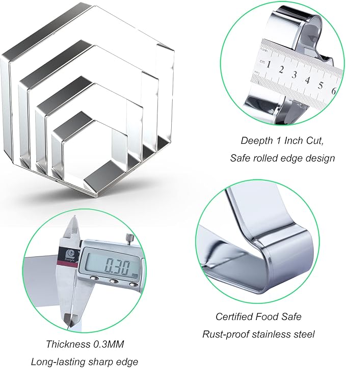 Hexagon Cookie Cutter Set Large - 5 Inch, 4 Inch, 3 Inch, 2 Inch - Honeycomb Geometric Frame Plaque Cookie Cutters Shapes Molds - Stainless Steel