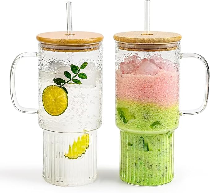 32oz Ribbed Glass Cup with Handle Lid and Straw，Borosilicate Glass Tumblers, Iced Coffee Cups Modern Glass Mug Hot/Cold Drinks for Smoothies, Tea, and Juice (32oz-2PACKwithBamboolid-new)