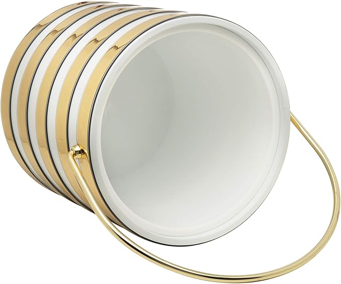 Made In USA Metallic Deco Collection Double Walled Insulated Ice Bucket With Ice Tongs (3-Quart, White & Gold Stripes)