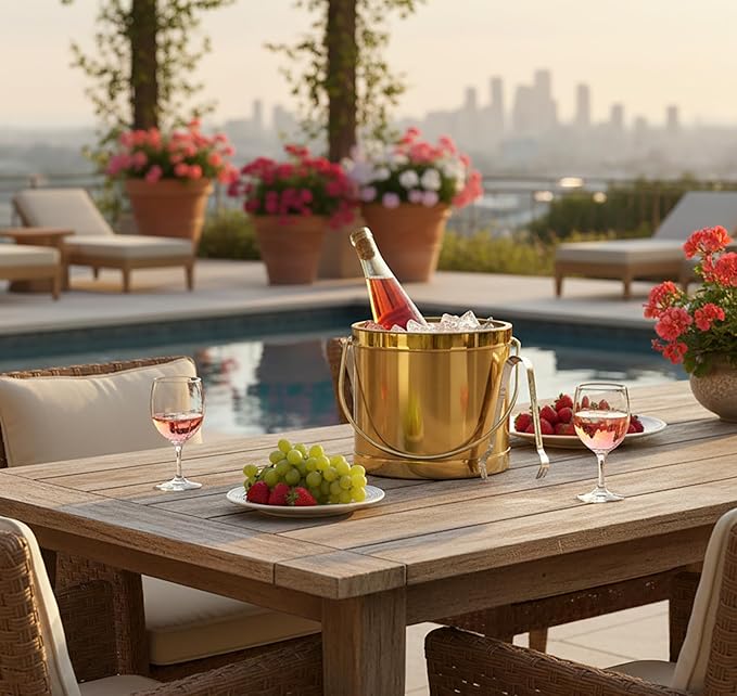 Made In USA Metallic Deco Collection Double Walled Insulated Ice Bucket With Ice Tongs (3-Quart, Gold)