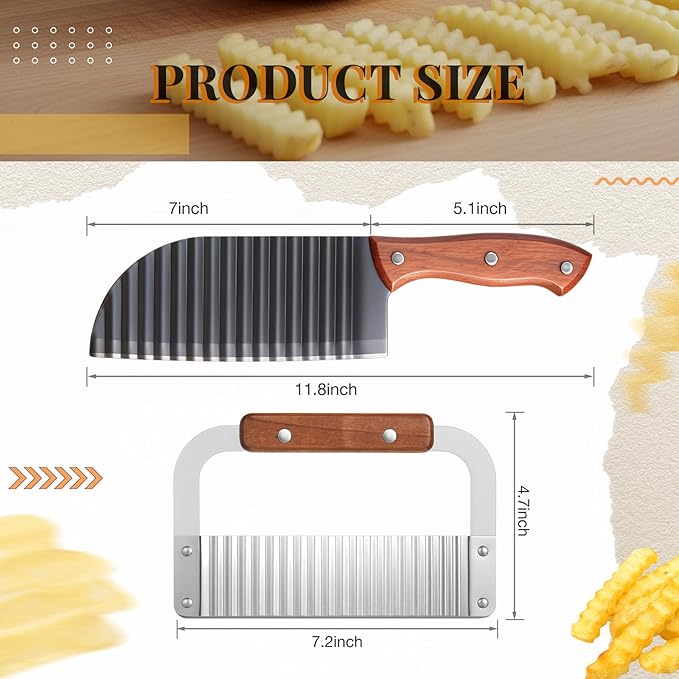 Patelai 2 Pcs Crinkle Cutter Set for Potato Vegetable French Fry, Stainless Steel Blade Wavy Slicer, Wavy Crinkle Cutting Tool Salad Chopping Knife Soap Fruit French Fry Slicer (Wooden Handle,Rufous)