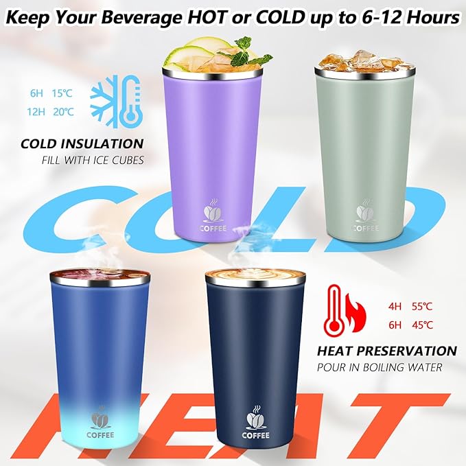 Insulated Travel Coffee Mug Reusable Coffee Tumbler Cup with Flip Lid Leak Proof Spill Proof for Office School Party Camping Hot and Cold Drink,Stainless Steel 17oz (Blue)