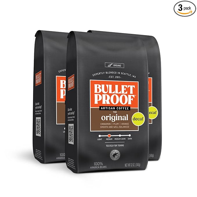 Bulletproof Original Medium Roast Ground Decaf Coffee, 12 Ounces (Pack of 3), Clean Coffee Tested for Toxins
