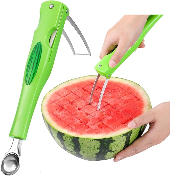 OLESBUR Premium Watermelon Cutter - 3 in 1 Watermelon Cutter Slicer Tool - Foldable Watermelon Slicer - Fruit Cutter for Kitchen Gadgets - Stainless Steel Watermelon Knife - Melon Baller Scoop