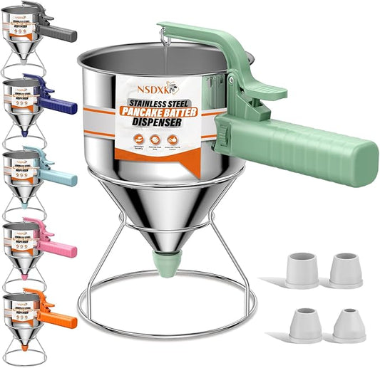 40oz Pancake Batter Dispenser, Stainless Steel Cake Dispenser with Stand, Great for Pancakes, Cupcake, Waffle or Any Baked Goods, Durable, Leak-Free, Mint Green