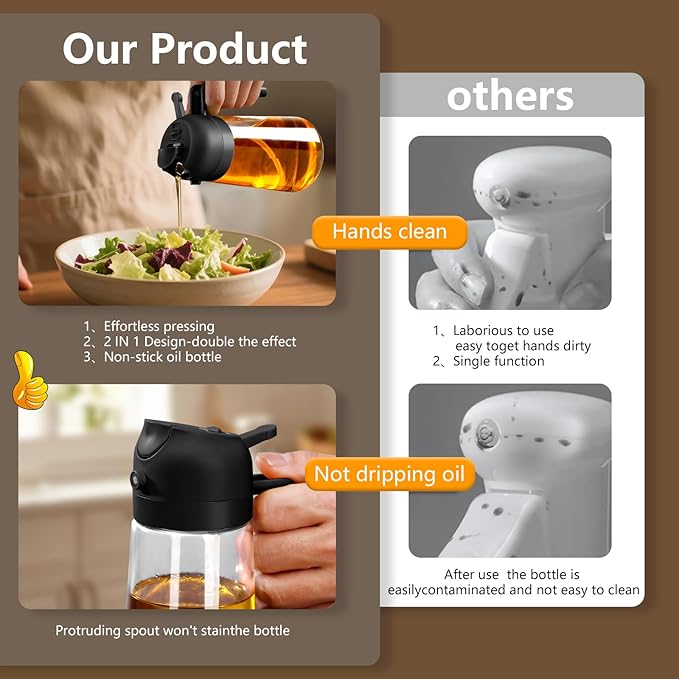 SWEET VIEW 2PCS Oil Sprayer for Cooking, 16oz/470ml Glass Oil Dispenser/Pour Bottle, Kitchen Accessories, Kitchen Gadgets for Air Fryer, Salad, BBQ, with Stickers (Black,Black)