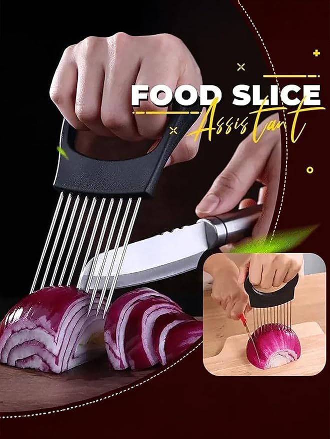 Onion Holder for Slicing, New Stainless Steel Onion Slice Holder Lemon Slicer Vegetable Cutter, Kitchen Chopper Slicing Assistant Tool for Meat, Onion, Potato, Tomato (Black, 1 Pack)