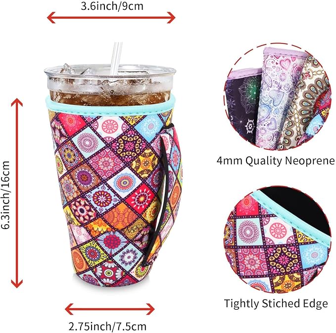 4Pack Reusable Iced Coffee Sleeve Insulator Sleeves for Cold Drinks Beverages, Neoprene Cup Holder for Most Coffee, Fits 30-32oz Large Cups (Mandala)