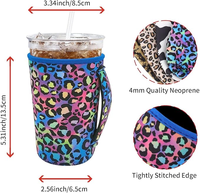 4Pack Reusable Iced Coffee Sleeve Insulator Sleeves for Cold Drinks Beverages, Neoprene Cup Holder for Most Coffee, Fits 22-24oz Medium Cups (Animal Pattern With Handle)