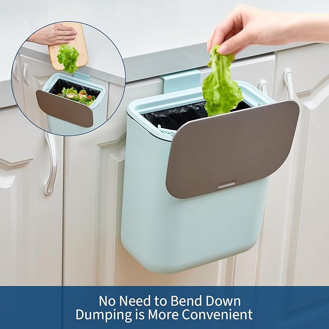 PrecisionAuto 2.4 Gallon/9L Hanging Trash Can with Stainless Steel Lid, Mountable Under Sink Compost Bin for Kitchen Cabinet Door, Food Waste Bin for RV, Bathroom, Office - Green
