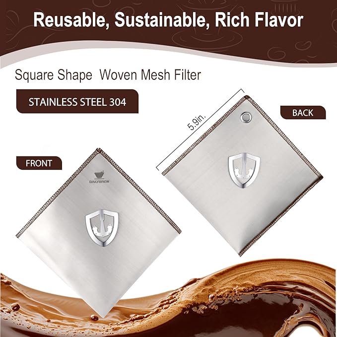 Stainless Steel Coffee Filter for 6/8/11 Cup Pour Over Glass Coffee Makers–Square Reusable Mesh Coffee Filter With Hanging-ears, Compatible with Chemex and Similar Pour Over Glass Coffee Makers