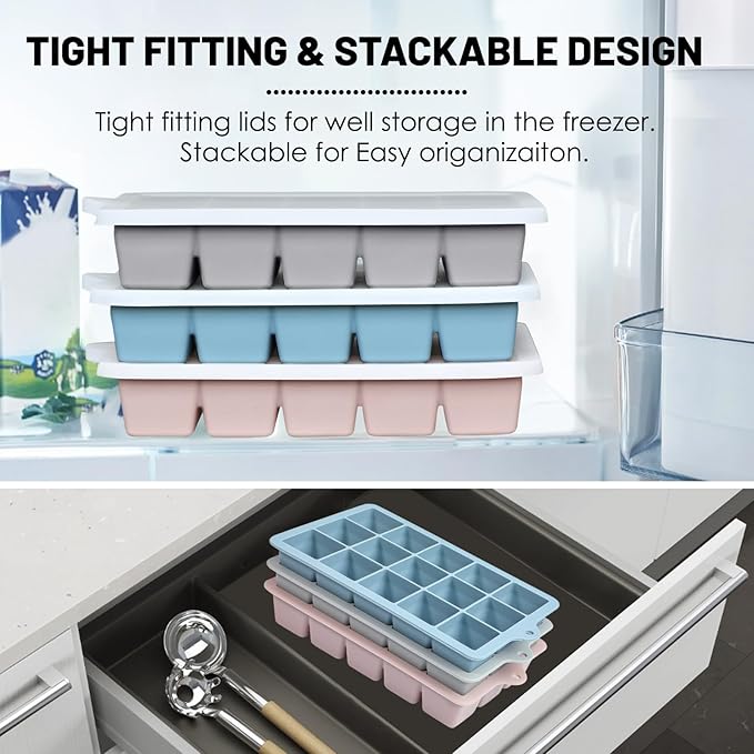 Silicone Ice Cube Trays 3Packs, Easy Release Ice Cube Molds with Lid, Freezer Stackable Ice Maker for Whiskey, Baby Food, BPA Free (Blue+Grey+Pink)