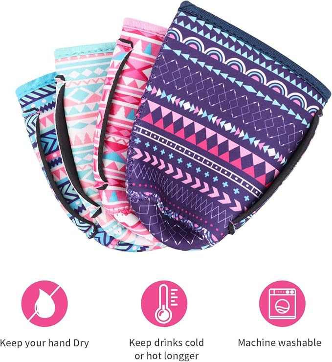 4Pack Reusable Iced Coffee Sleeve Insulator Sleeves for Cold Drinks Beverages, Neoprene Cup Holder for Most Coffee, Fits 22-24oz Medium Cups (Geometric)