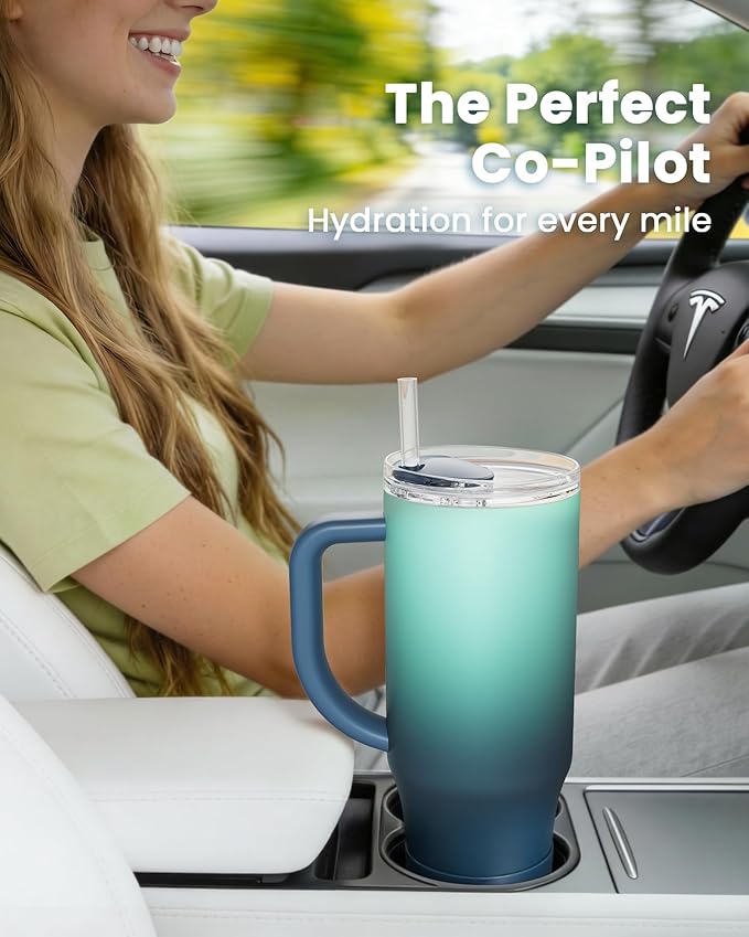 Renoj Insulated Mug 100% Spill Resistant Insulated Water Bottle for Iced Coffee & Hot Drinks - Fits Car Cup Holder, Ideal Gift, 2 Straws & Silicone Boot - FlexSlide Blue Gradient 40 oz