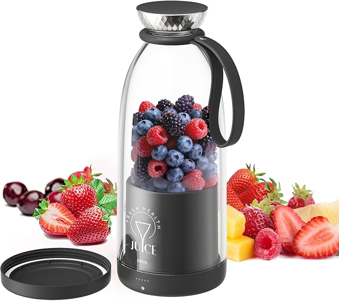 Portable Blender, Personal Smoothie Maker with 6 Blades, Rechargeable Mini Juicer Cup, 17 oz with Travel Lid for Outdoors, Camping, Office, Kitchen (Black)