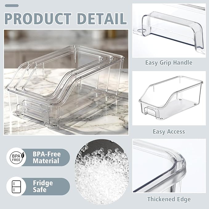 LemonRoad 6 Packs Clear Freezer Organizer Bins with Handle Pantry Vegetable Organizers and Storage Stackable Open Front Fridge Storage Egg Salad Containers for Kitchen Refrigerator Cabinet Closet
