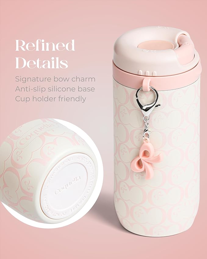 15 oz Stainless Steel Coffee Tumbler with Twist-Open Lid, Insulated Travel Mug for Iced Coffee Cold Brew and Warm Beverages, Leakproof, BPA-Free, Cup Holder Friendly, Bow Charm, Blush Pink