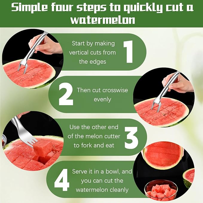 2Pcs Watermelon Cutter, 2-in-1 Stainless Steel Fruit Cutter, Multifunctional Summer Watermelon Cutter, Flexible Kitchen Gadget