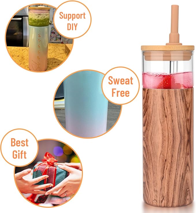 Tronco 20 oz Vacuum Insulated Glass Tumbler with Lid and Straw - Keeps Drinks Cold for 12 Hrs - Reusable Glass Cup for Iced Coffee, Smoothies & Boba - Sweat & BPA Free, Dishwasher Safe, Fit Car Holder